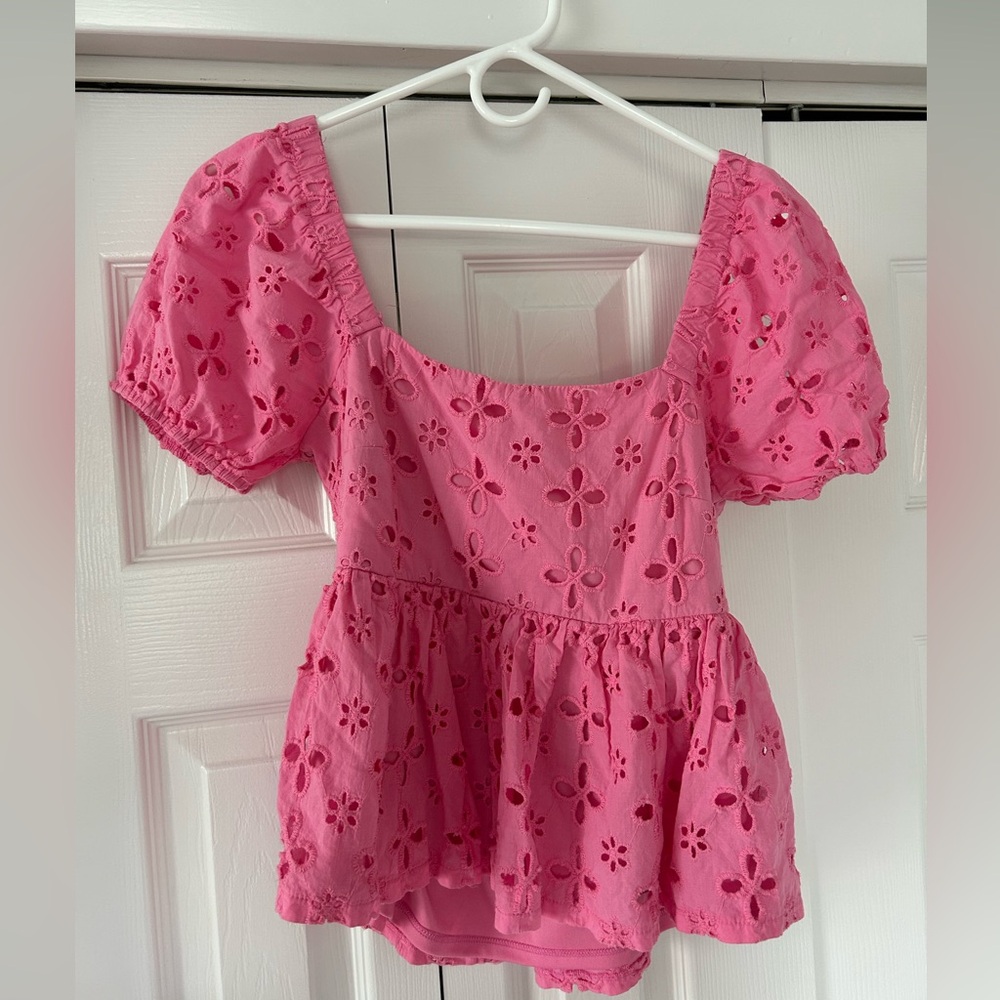 Altar'd State Pink Puff Sleeve Ruffled Peplum Blouse